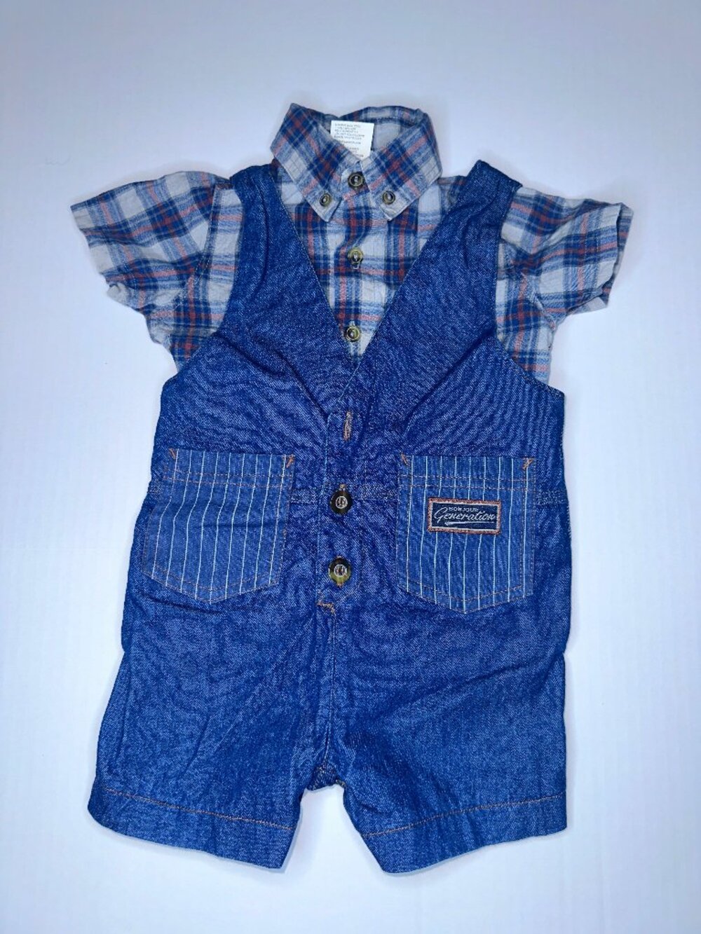 Vintage Baby Bonjour Lightweight Denim Romper & Plaid Shirt Overalls 12 mo.